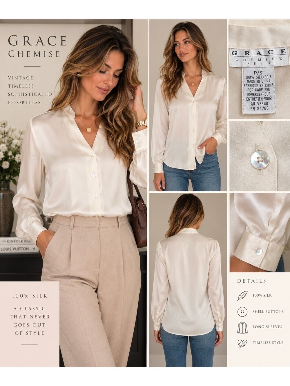 Vintage 90s Grace Chemise 100% Silk Ivory Blouse P/S Petite Button Front
